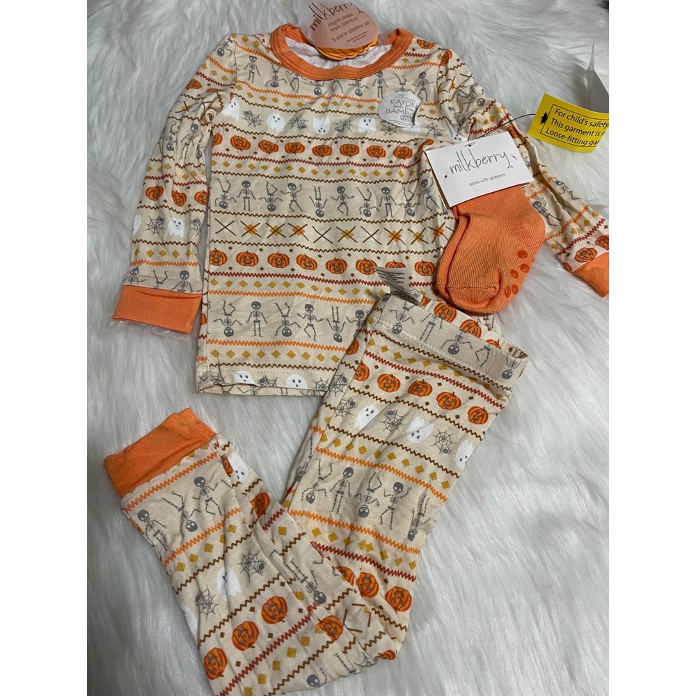 Baby Milkberry Halloween Bamboo Pajama Orange Beige Skeleton Pumpkin 12 Months
